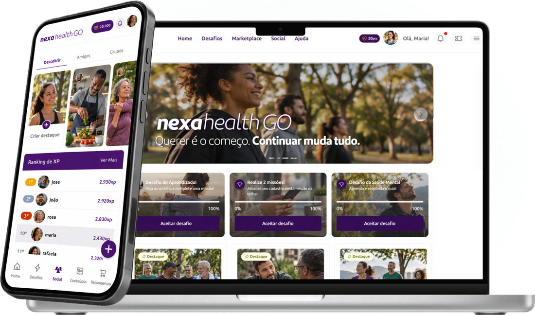 Notebook e celular exibindo a plataforma Nexa Health GO com rede social, grupos e ranking de XP