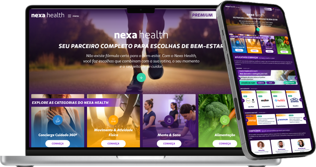 Notebook e celular exibindo a plataforma Nexa Health com categorias de bem-estar, parceiros e conteúdos